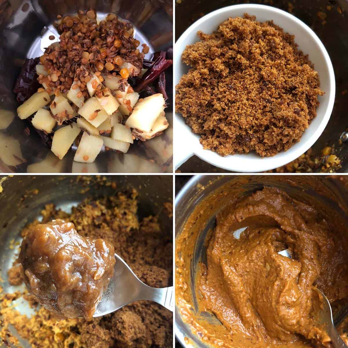 4 panel photo showing the blending of ingredients.