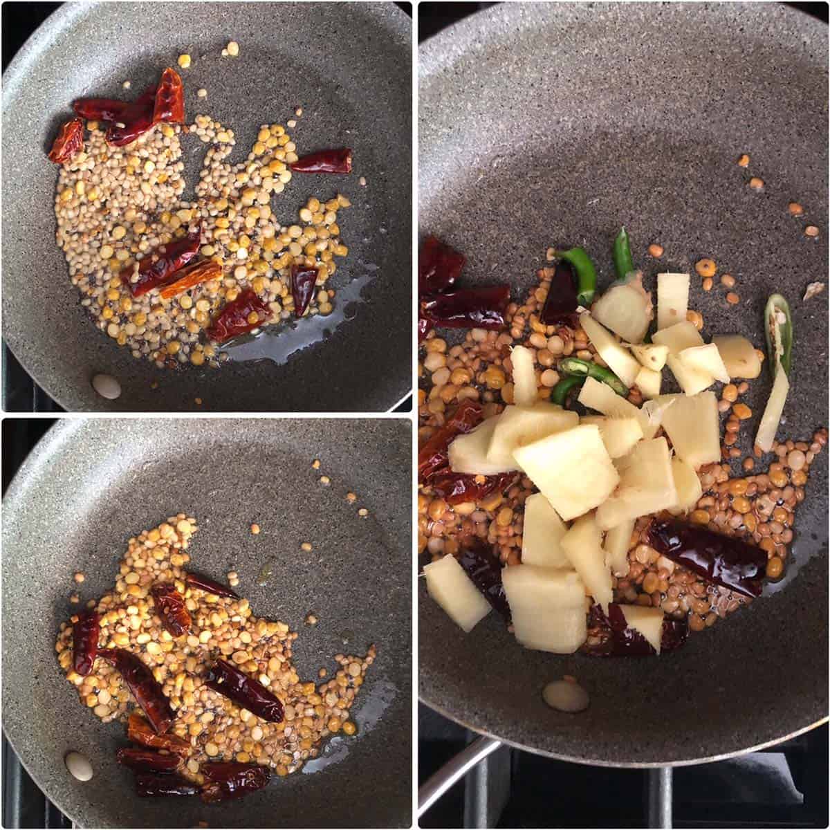 3 panel photo showing the sauteing of chutney ingredients.