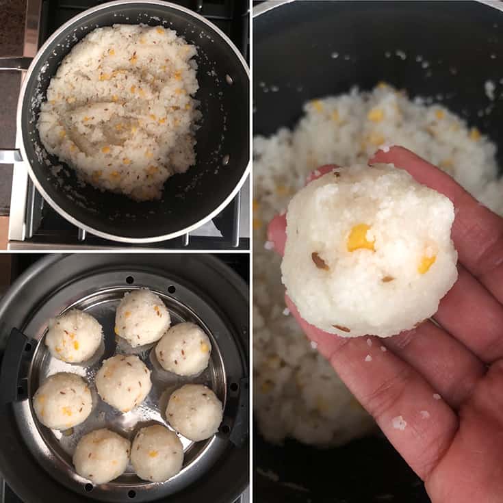 Step by step photos showing cooked rice porridge, then made into undrallu and steamed until done