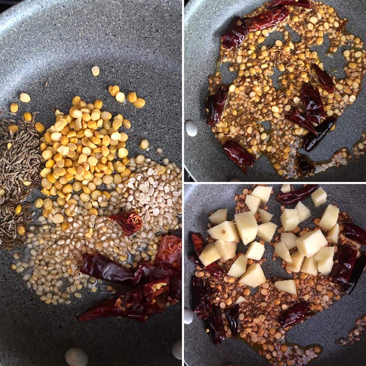 step by step photos showing fried lentils, red chilies and cumin seeds until golden and fresh ginger added to the pan