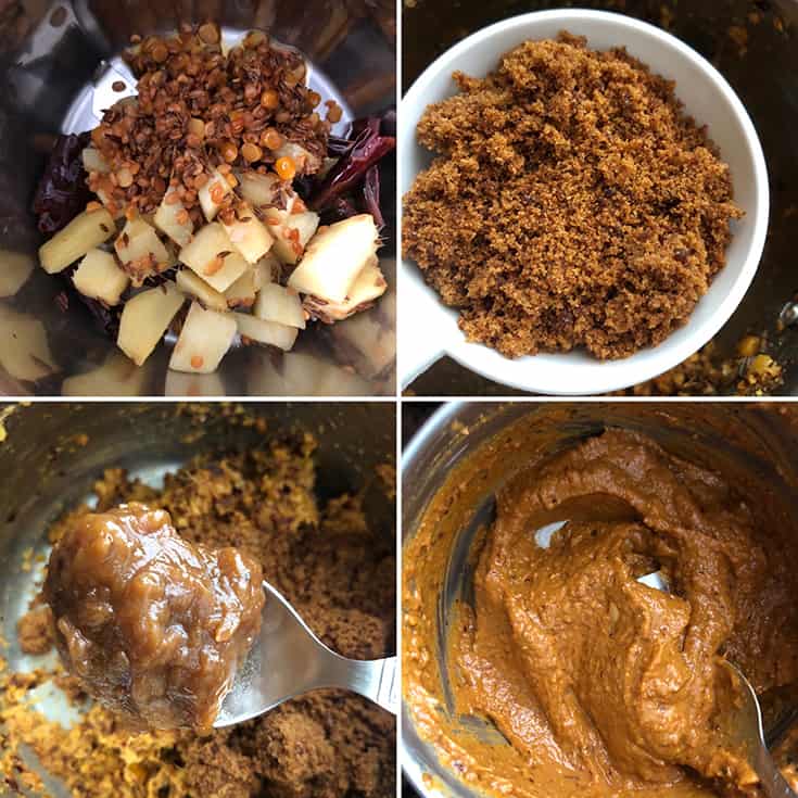step by step photos showing cooked lentils and ginger mixture being ground with jaggery powder, tamarind paste to a smooth consistency