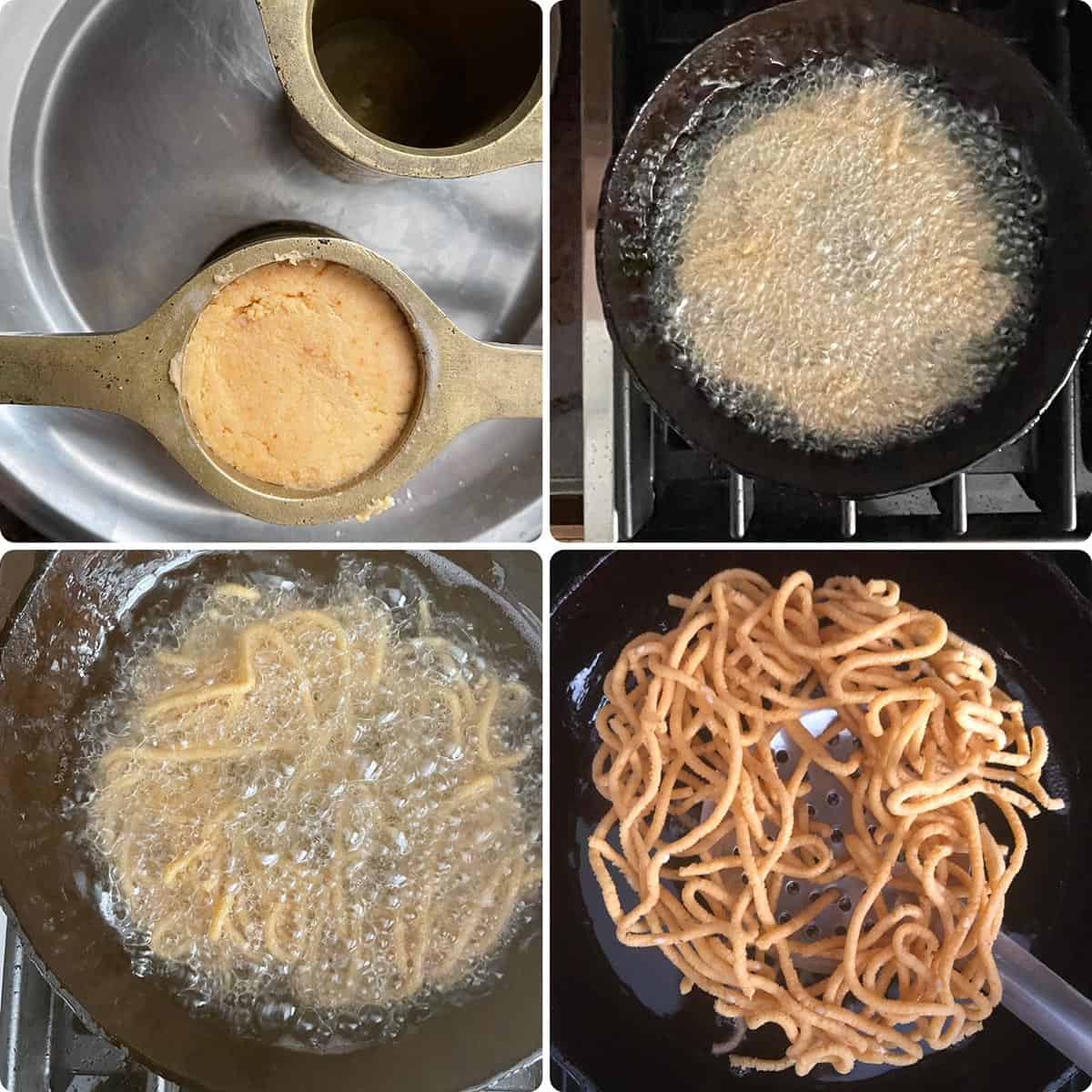 step by step photos showing deep frying o fchakli-details in recipe card