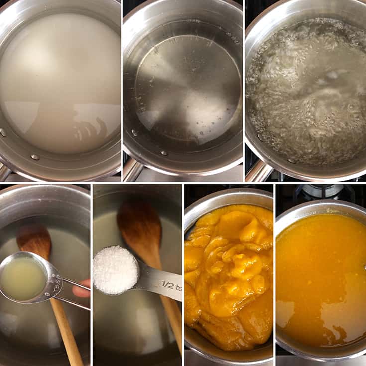 step by step photos showing the making of sugar syrup, adding lemon juice and mango puree and the final mango juice concentrate