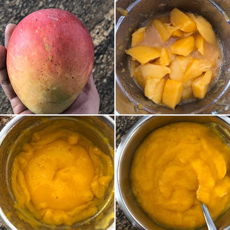 side by side photos showing peeled and chopped mangoes blended to a smooth puree