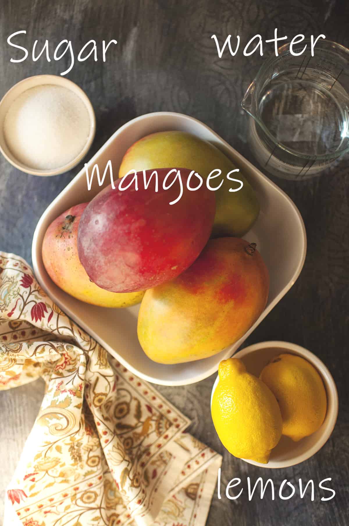 Ingredients - Mangoes, sugar, water and lemons