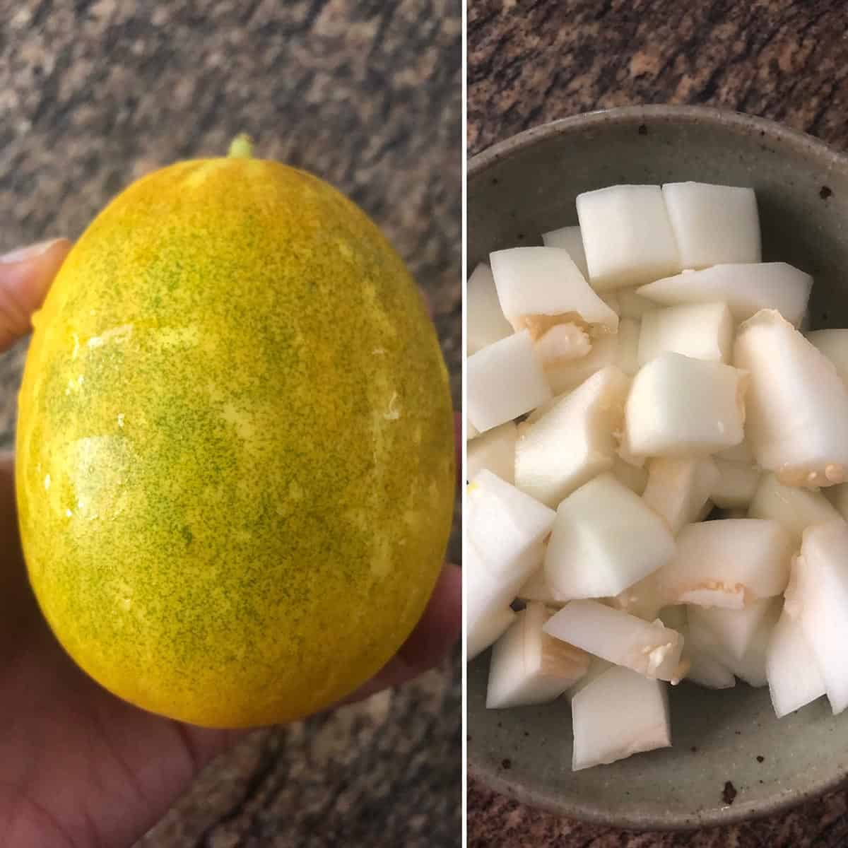 side by side photo of whole lemon cucumber and peeled and chopped