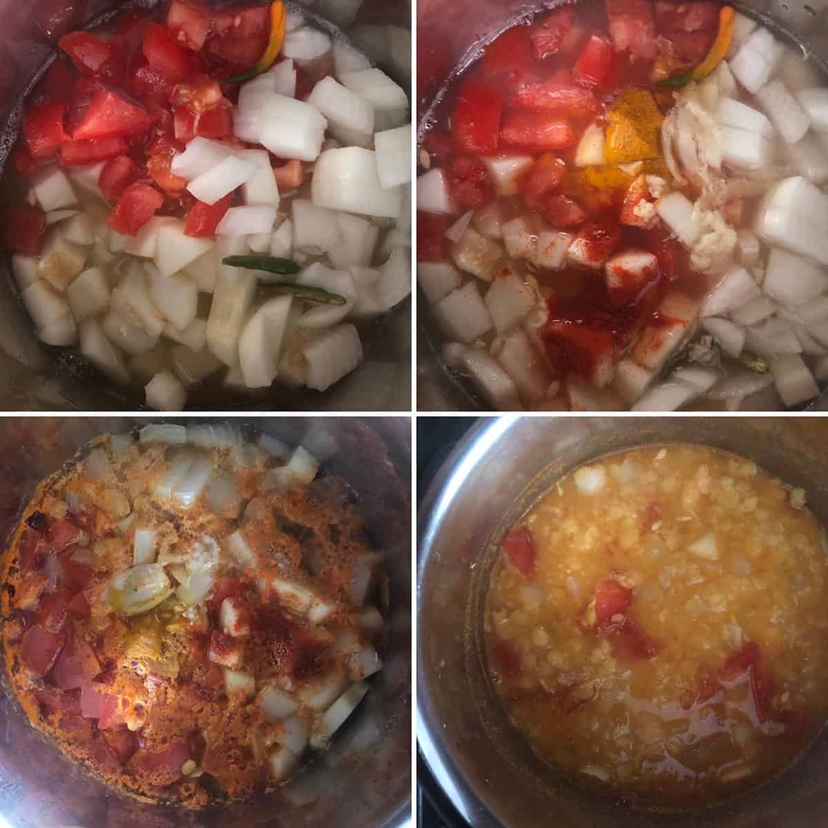 step by step photos whoing the addition of ingredients to Instant pot and the cooked dal