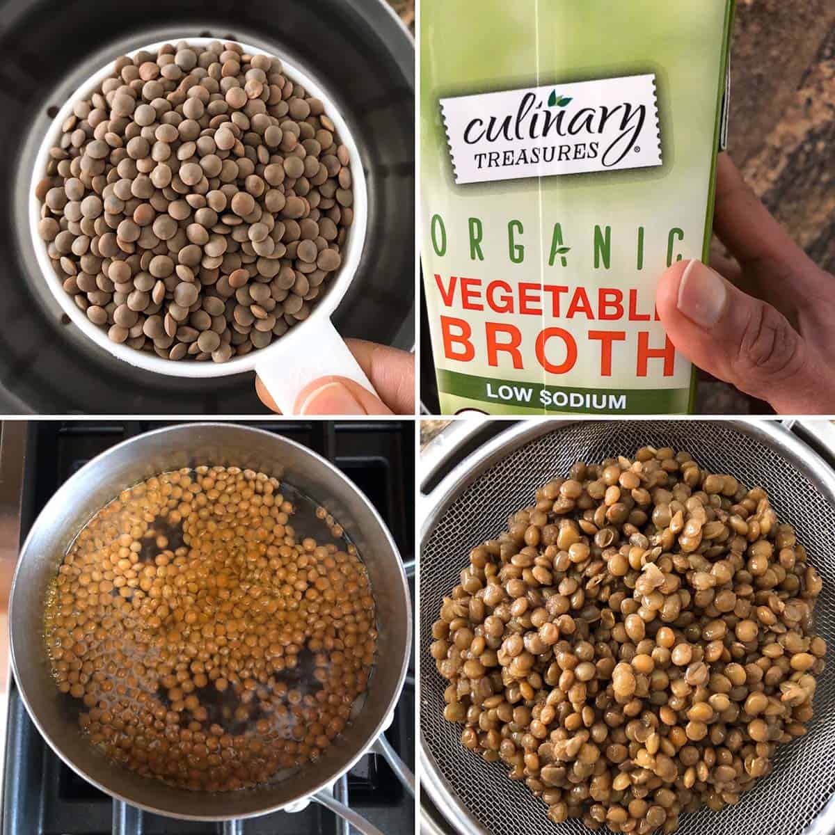 4 panel photo showing the cooking of lentils in veggie broth.