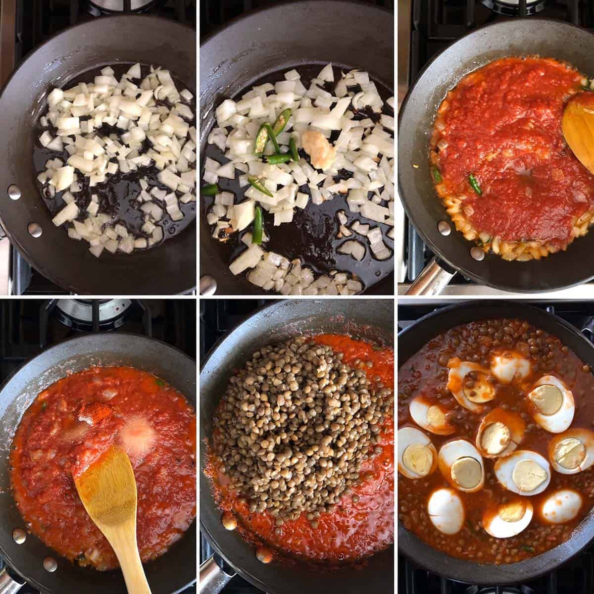 6 panel photo showing the sautéing of onions and tomato.