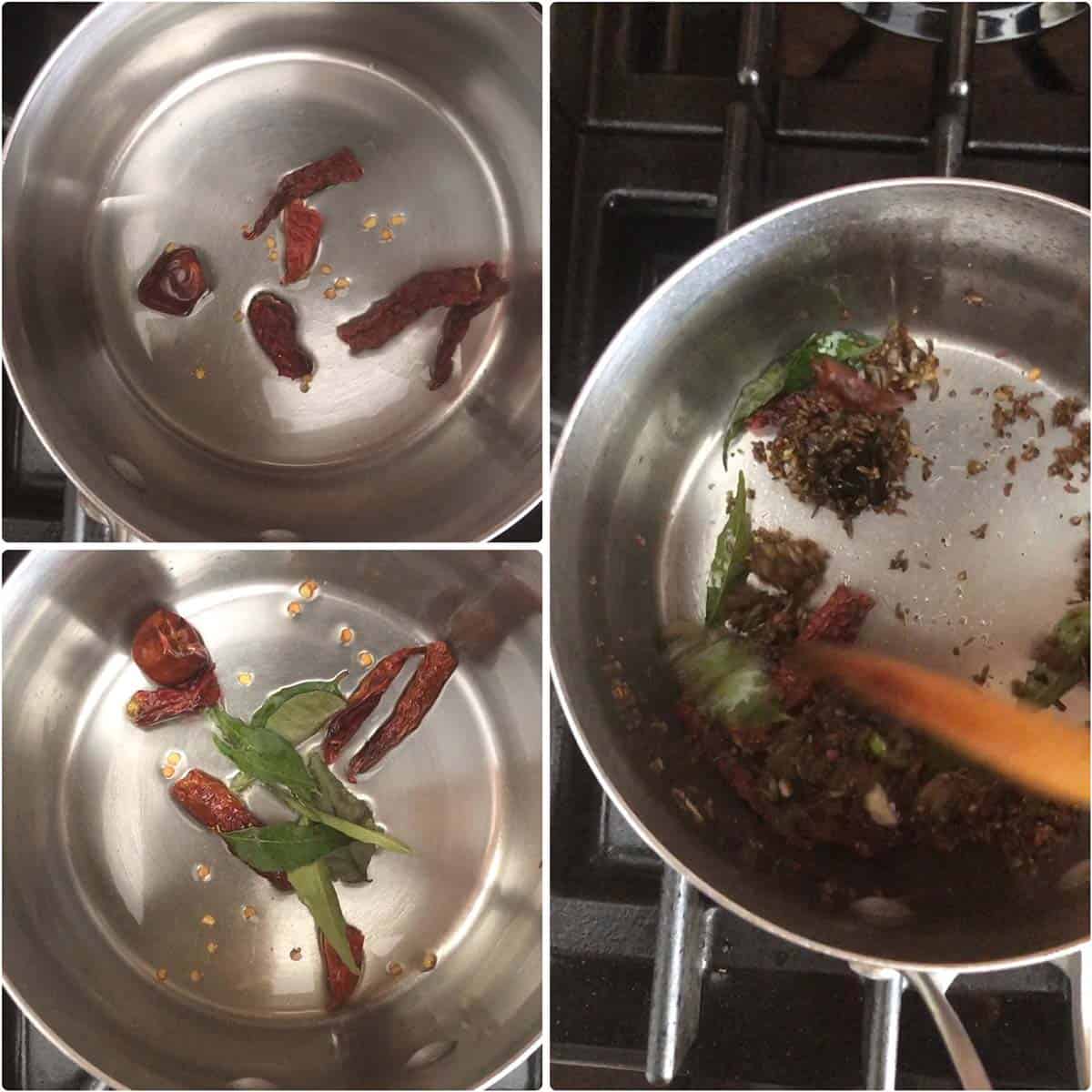 3 panel photo showing the sautéing of chilies and curry leaves in a steel saucepan.