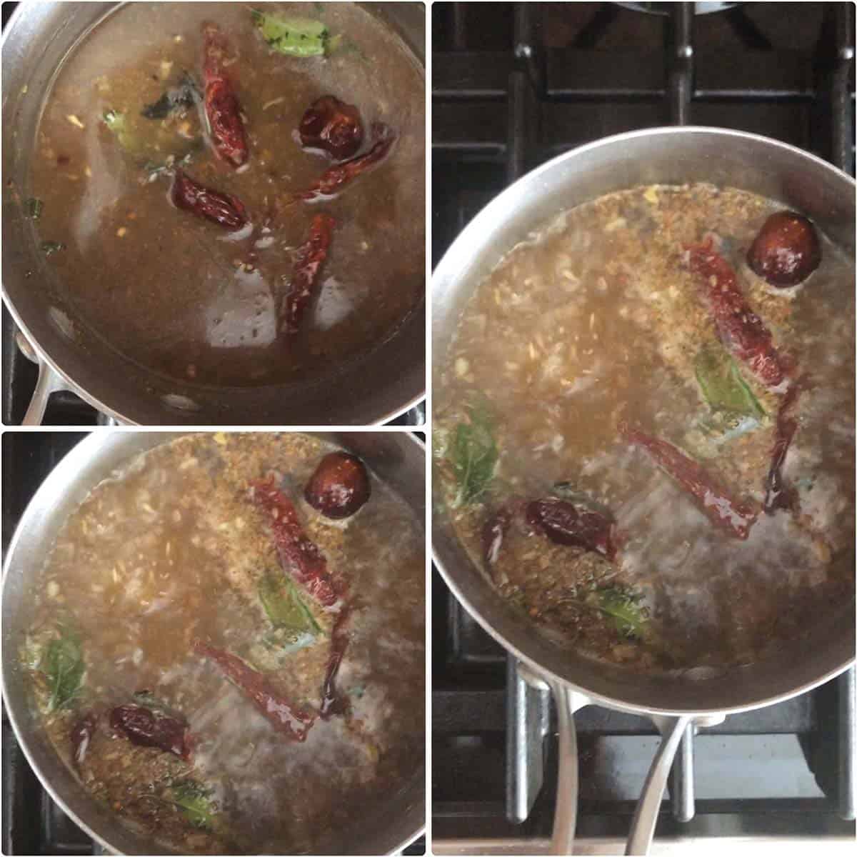 3 panel photo showing the simmering of rasam.