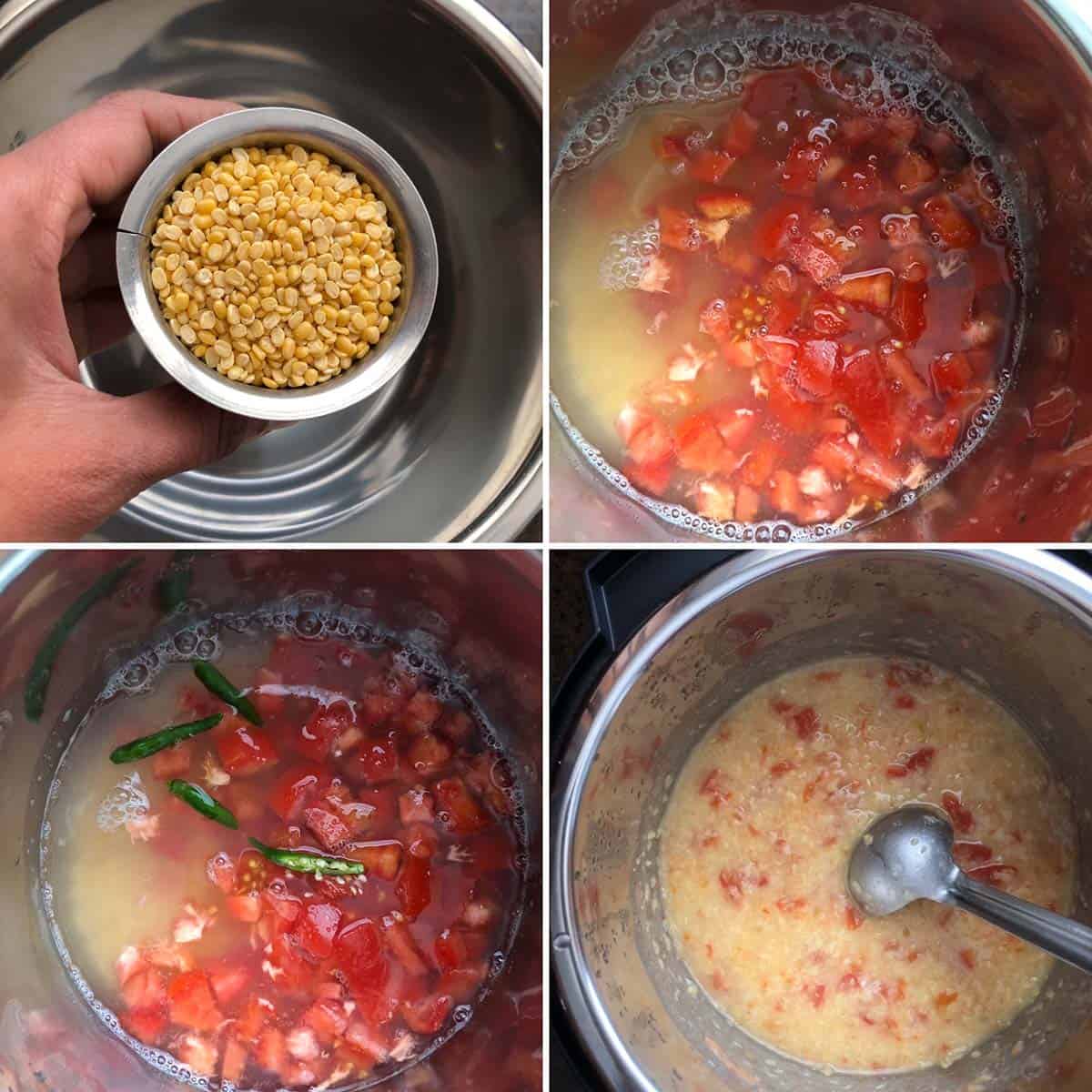 4 panel photo showing the addition of ingredients to Instant pot.