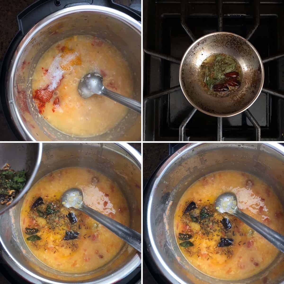 4 panel photo showing the addition of spices and tempering to dal.