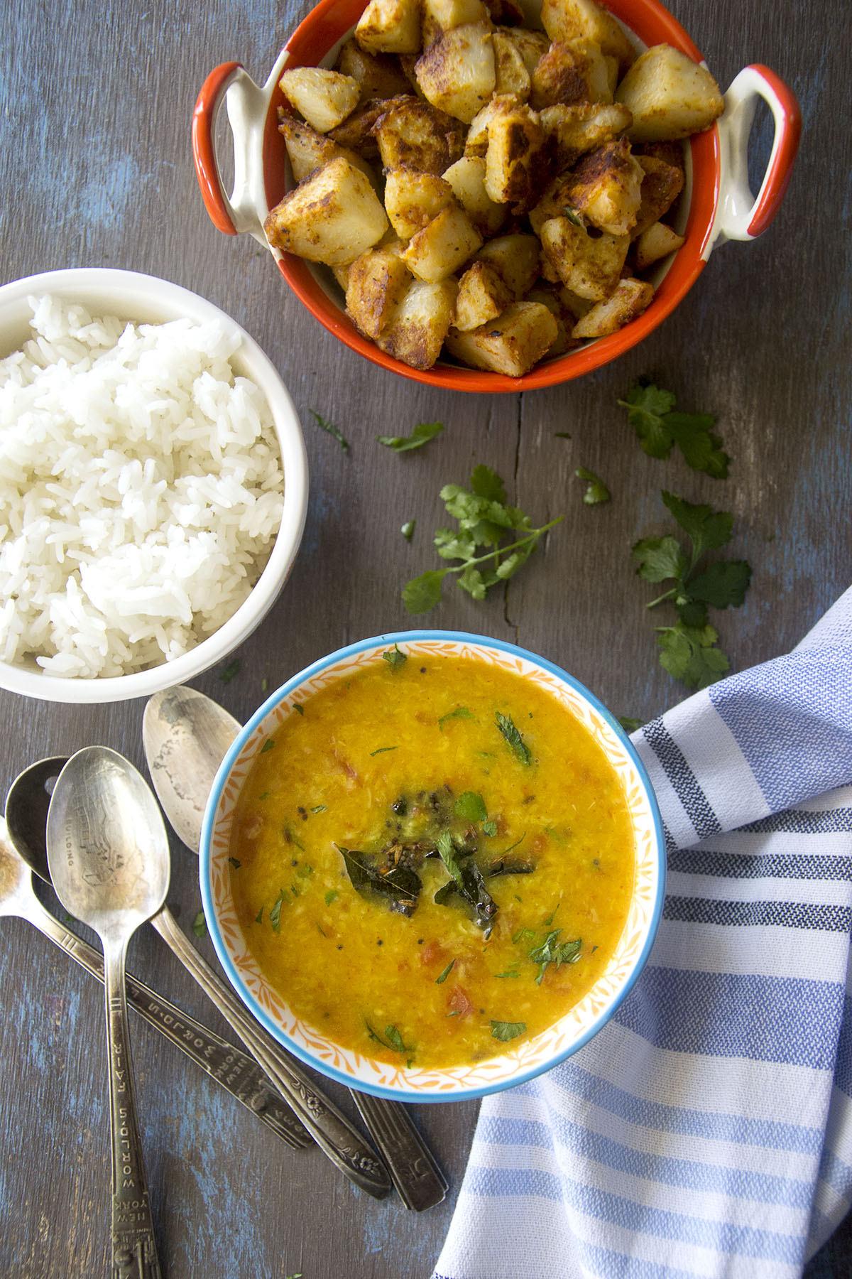 Top view of a bowl with pesara pappu charu.