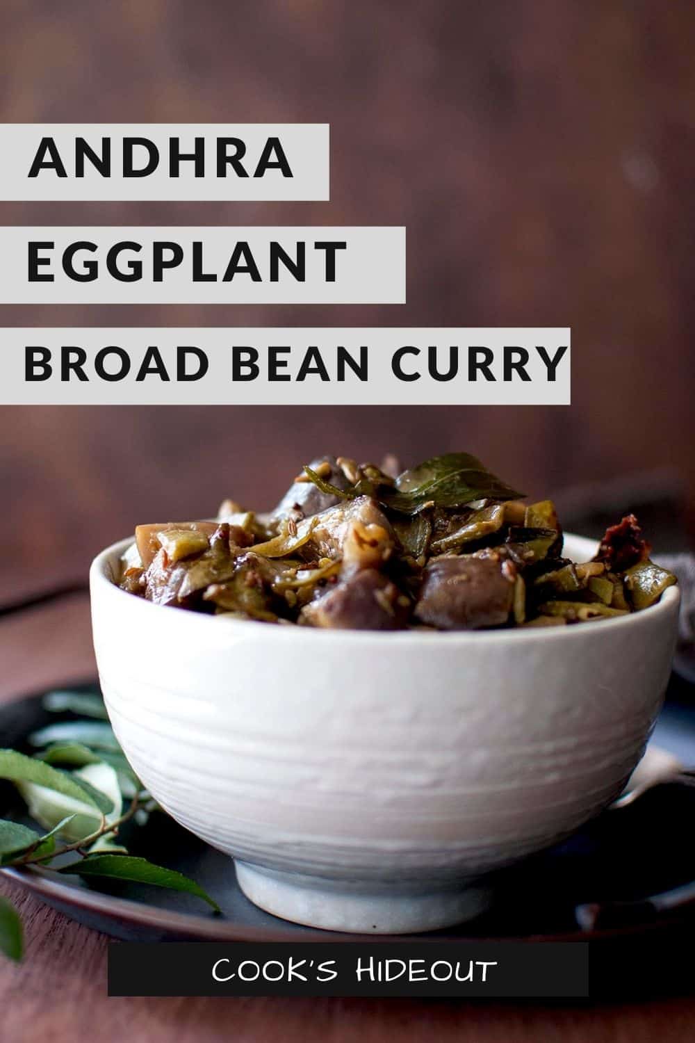 Eggplant broad beans curry in a white bowl