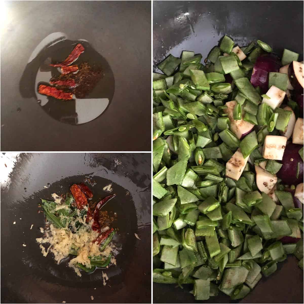 Step by step photo showing the making of tempering and addition of veggies