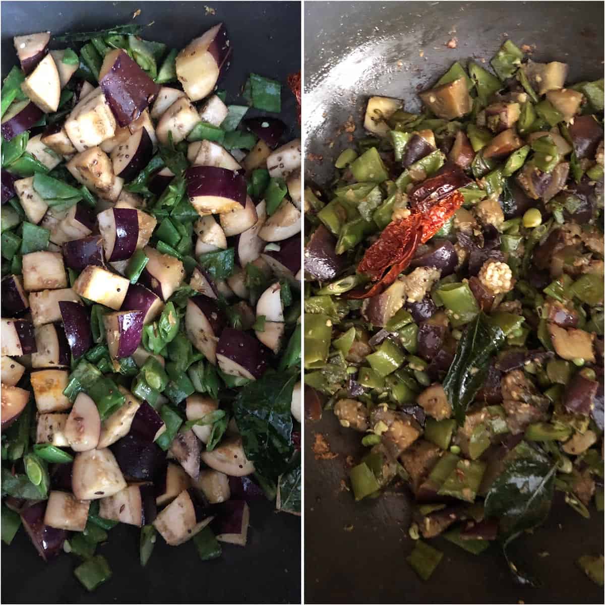 Side by side photos of veggies being cooked