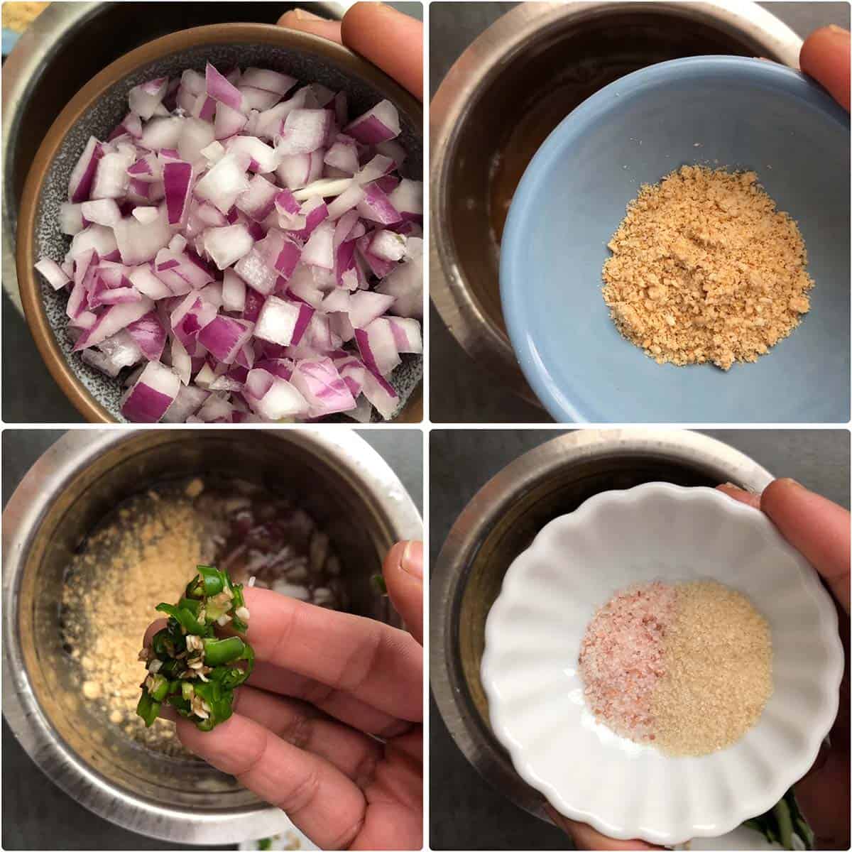 4 panel photo showing the addition of ingredients to tamarind.