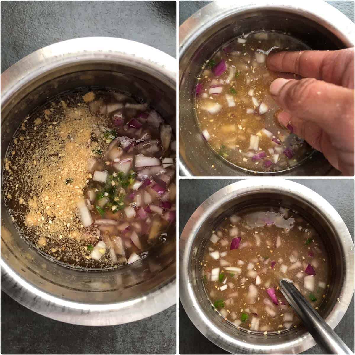 3 panel poto showing the mixing of ingredients in a steel bowl.