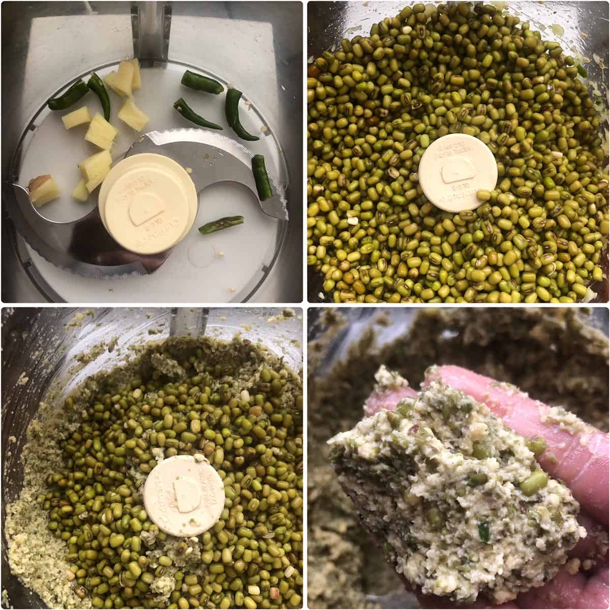 Mung beans being ground to a coarse paste in a food processor along with ginger and green chilies