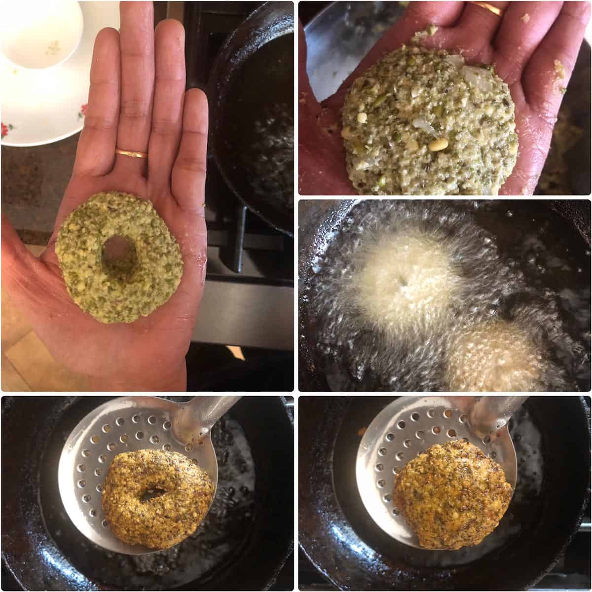 Shaping and frying the dal pakoda until crispy and golden