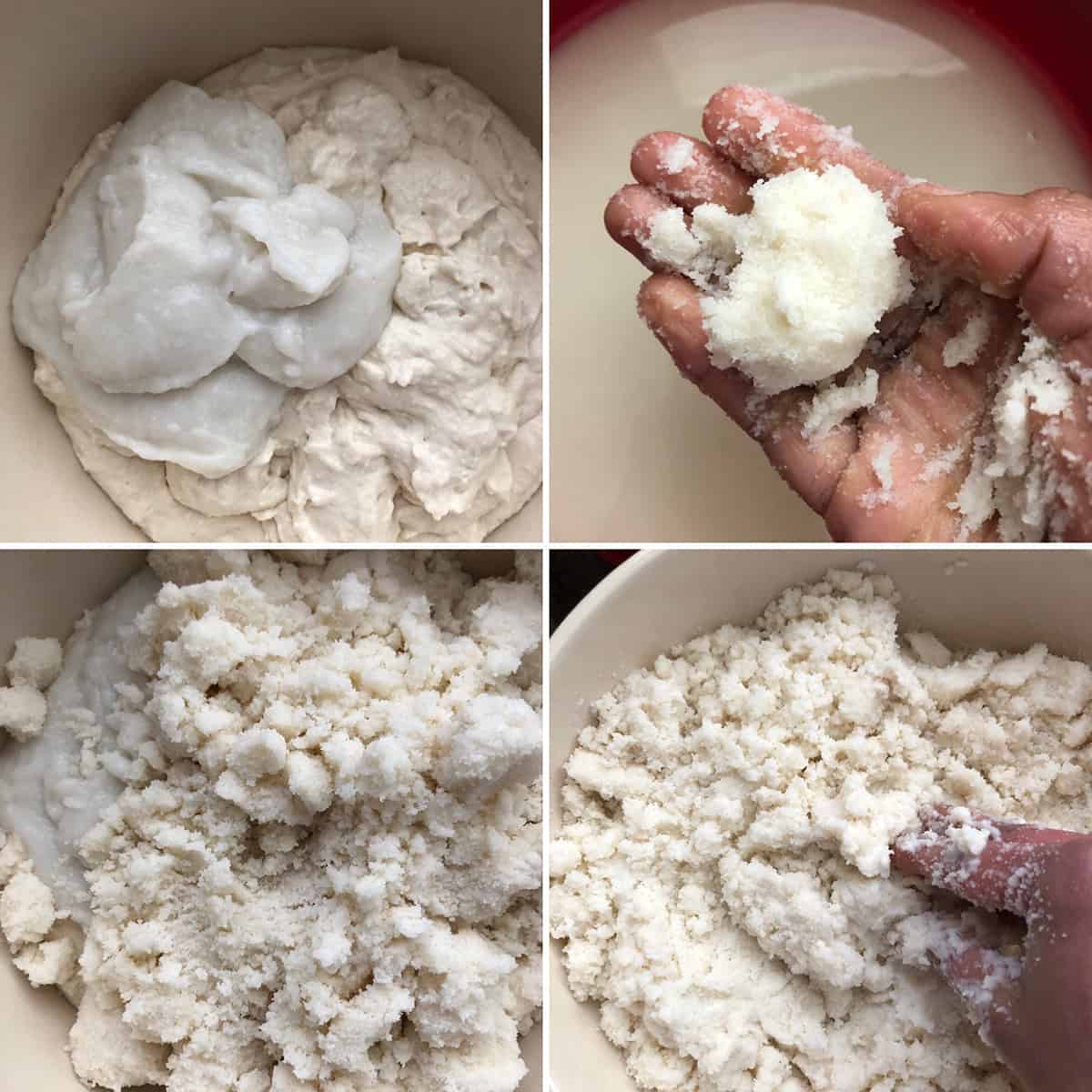 Ground poha, soaked idli rava being added to ground urad dal to make idli batter.