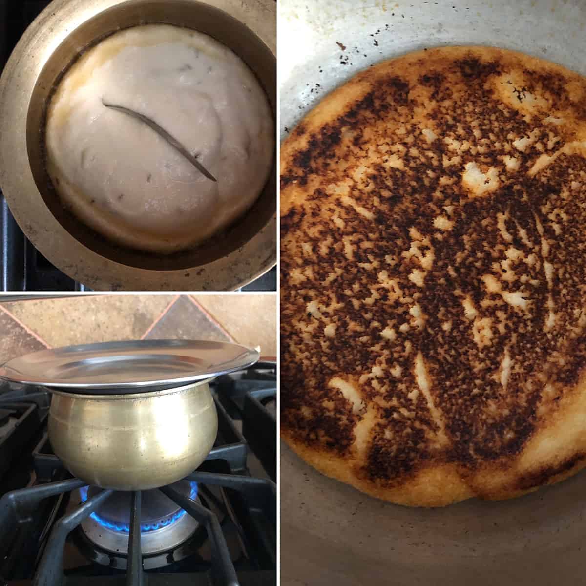 dibba rotte being cooked in a brass pan until golden brown and crispy crust forms.