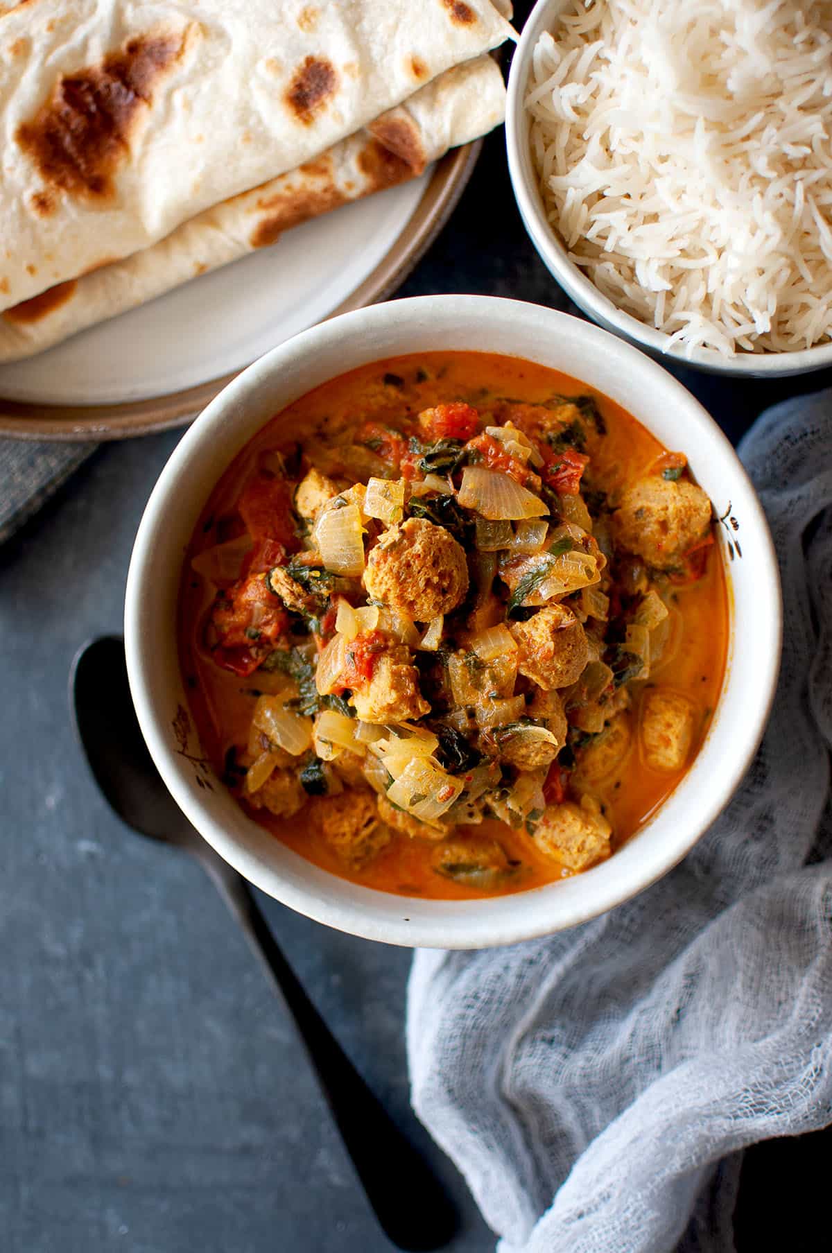 Grey bowl with soya methi sabji.