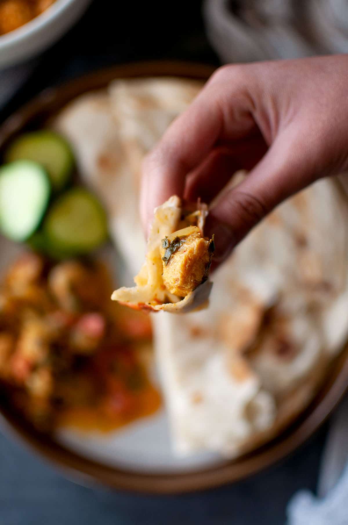 Hand holding a slice of roti with curry.