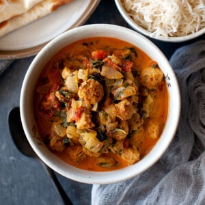 Grey bowl with soya methi sabji.