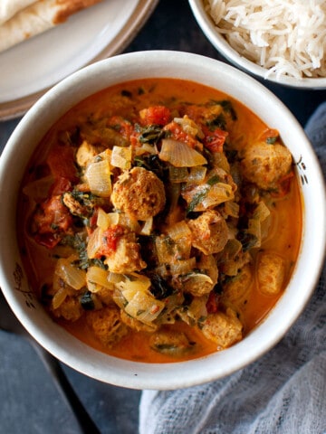 Grey bowl with soya methi sabji.