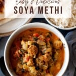 Top view of a bowl of soya methi along with rice and roti.