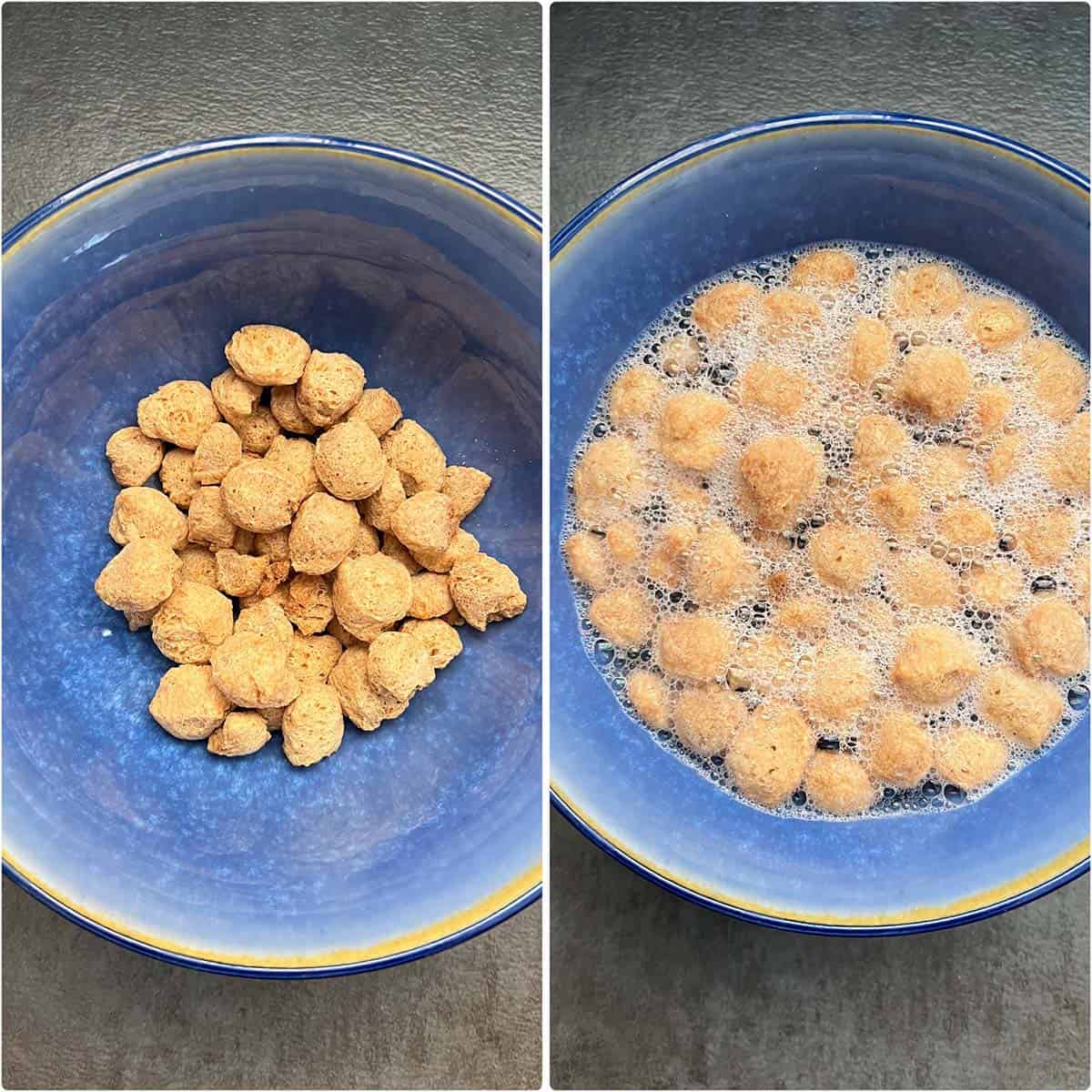 2 panel photo showing the soaking of soy chunks in blue bowl.