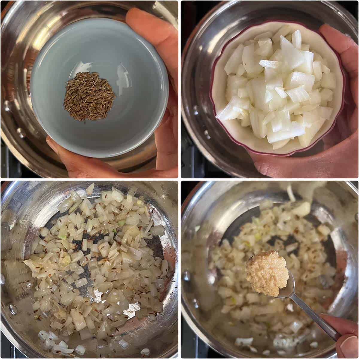 4 panel photo showing the sauteing of cumin, onion and ginger+garlic paste.