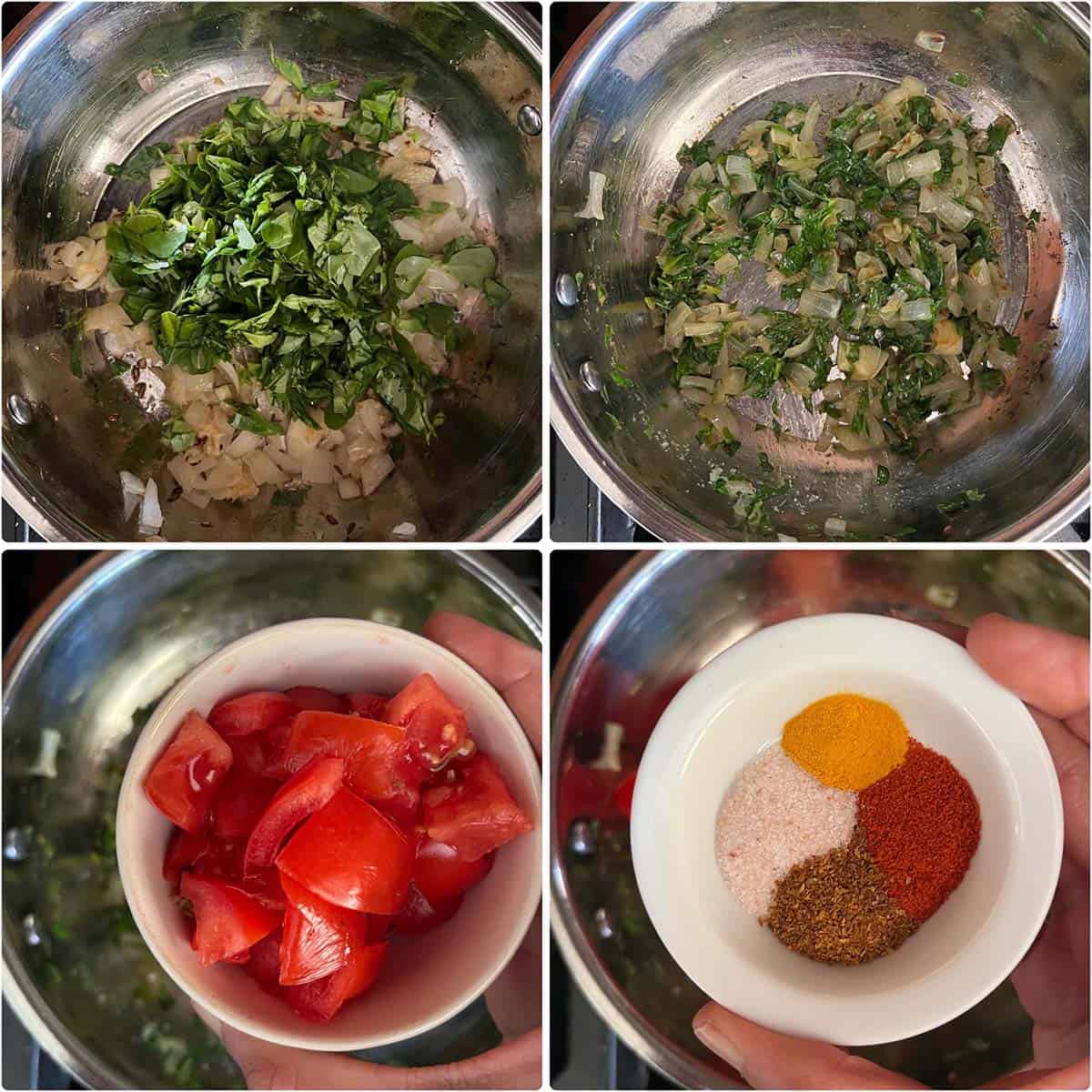 4 panel photo showing the cooking of methi, tomato and spices.