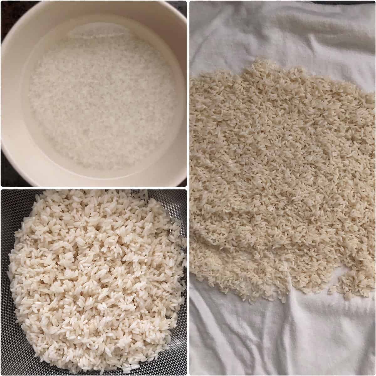 Rice soaked, drained and spread on a kitchen towel