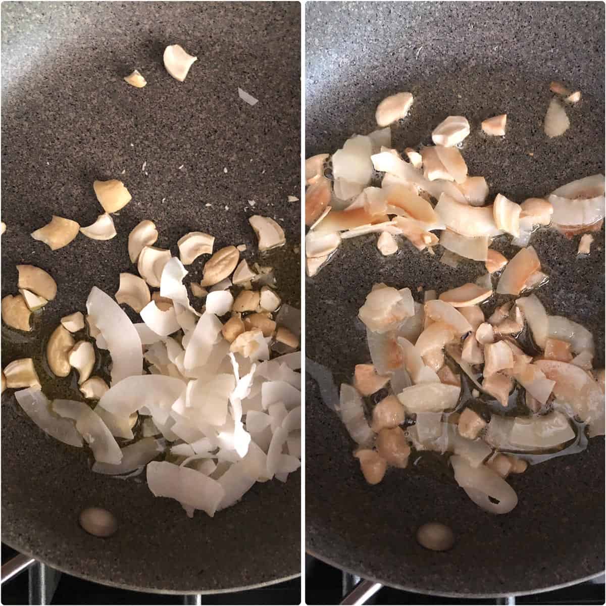 Toasting coconut flakes and cashews in ghee