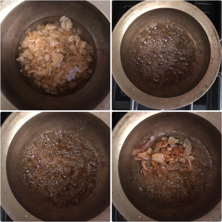 Melting jaggery and making syrup in a pan