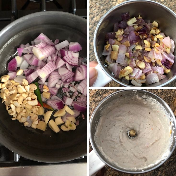 Photos showing the making of spice paste for methi chaman