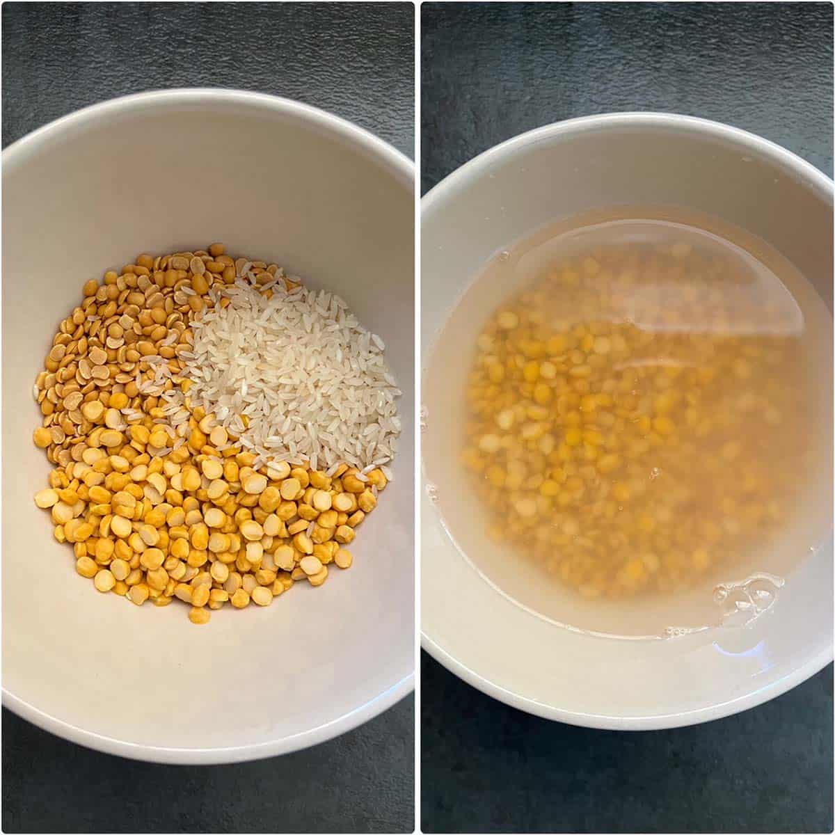 2 panel photo showing the soaking of dal.