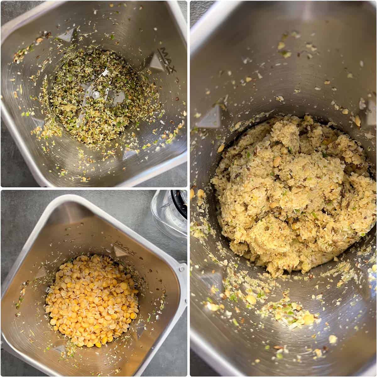 3 panel photo showing the grinding of lentil mixture.