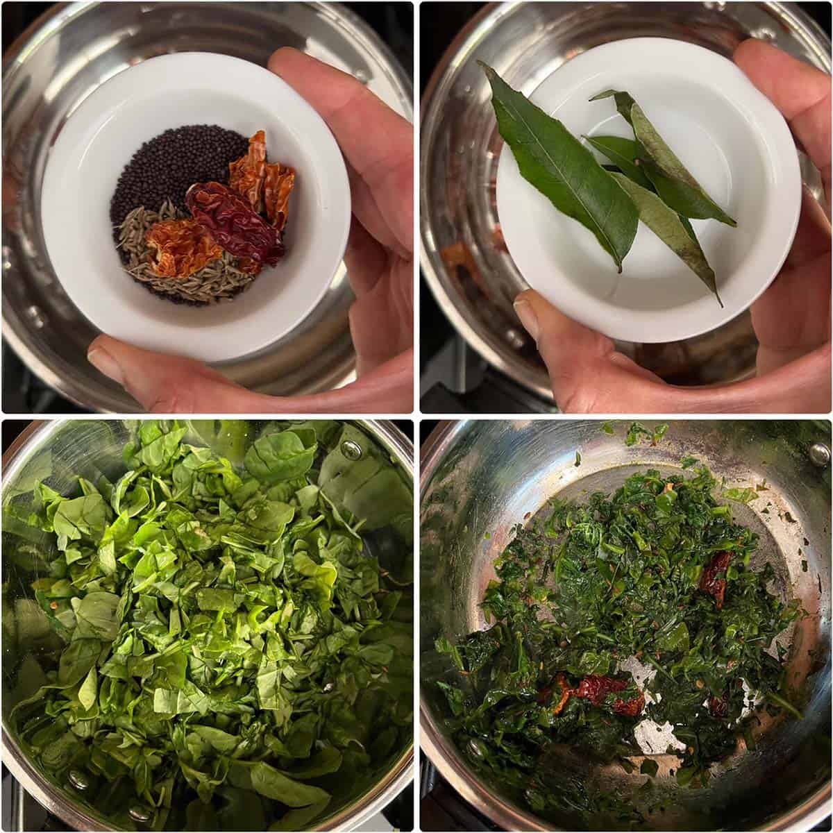 4 panel photo showing the sauteing of spices and greens.