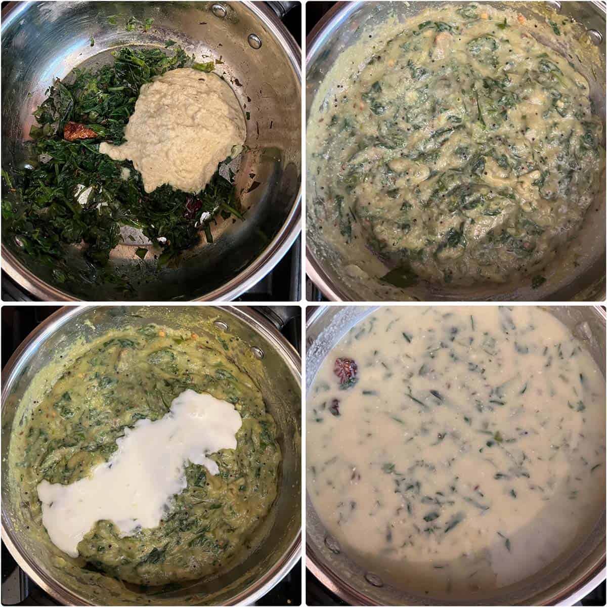 4 panel photo showing the addition of lentil paste and yogurt.