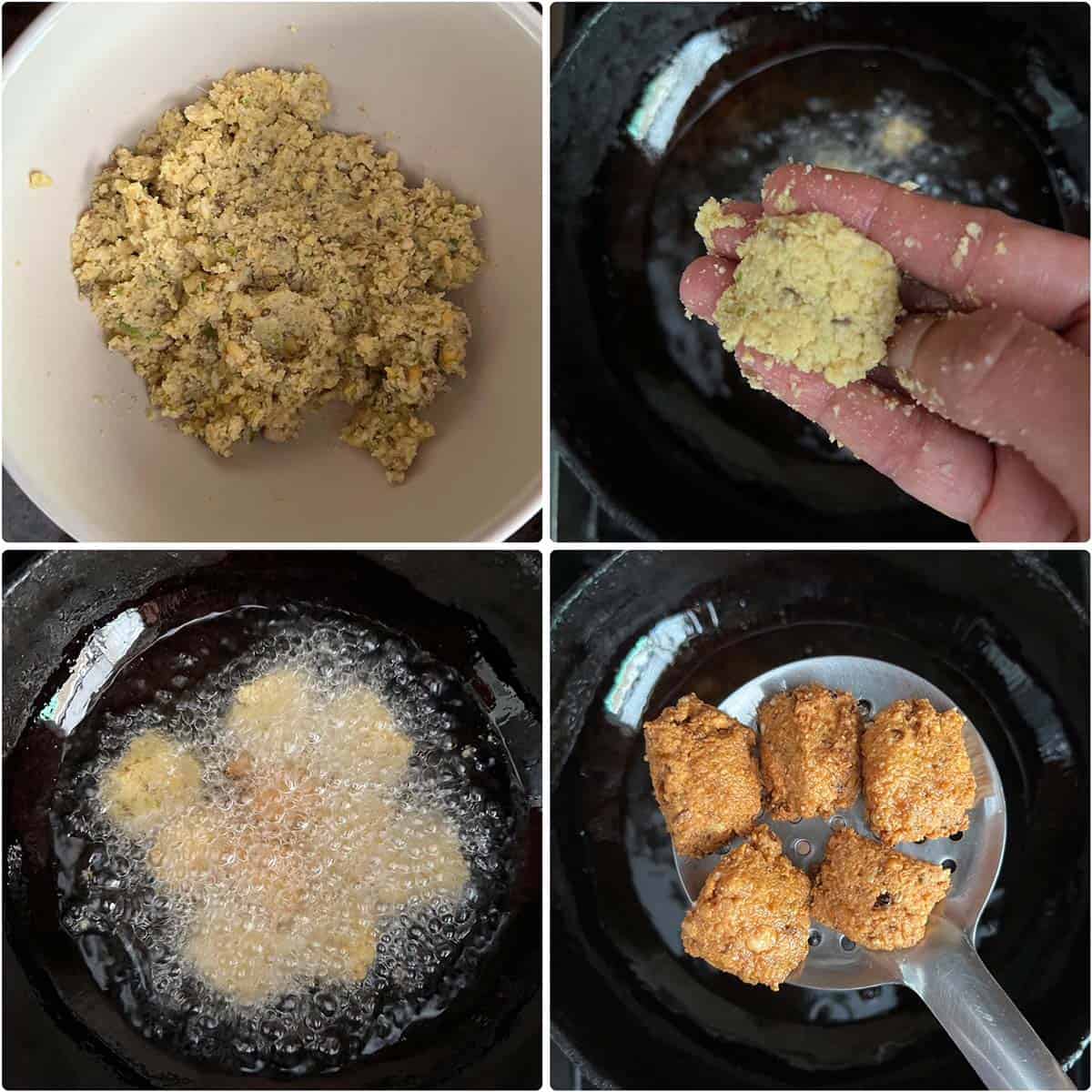 4 panel photo showing the frying of dal vada.