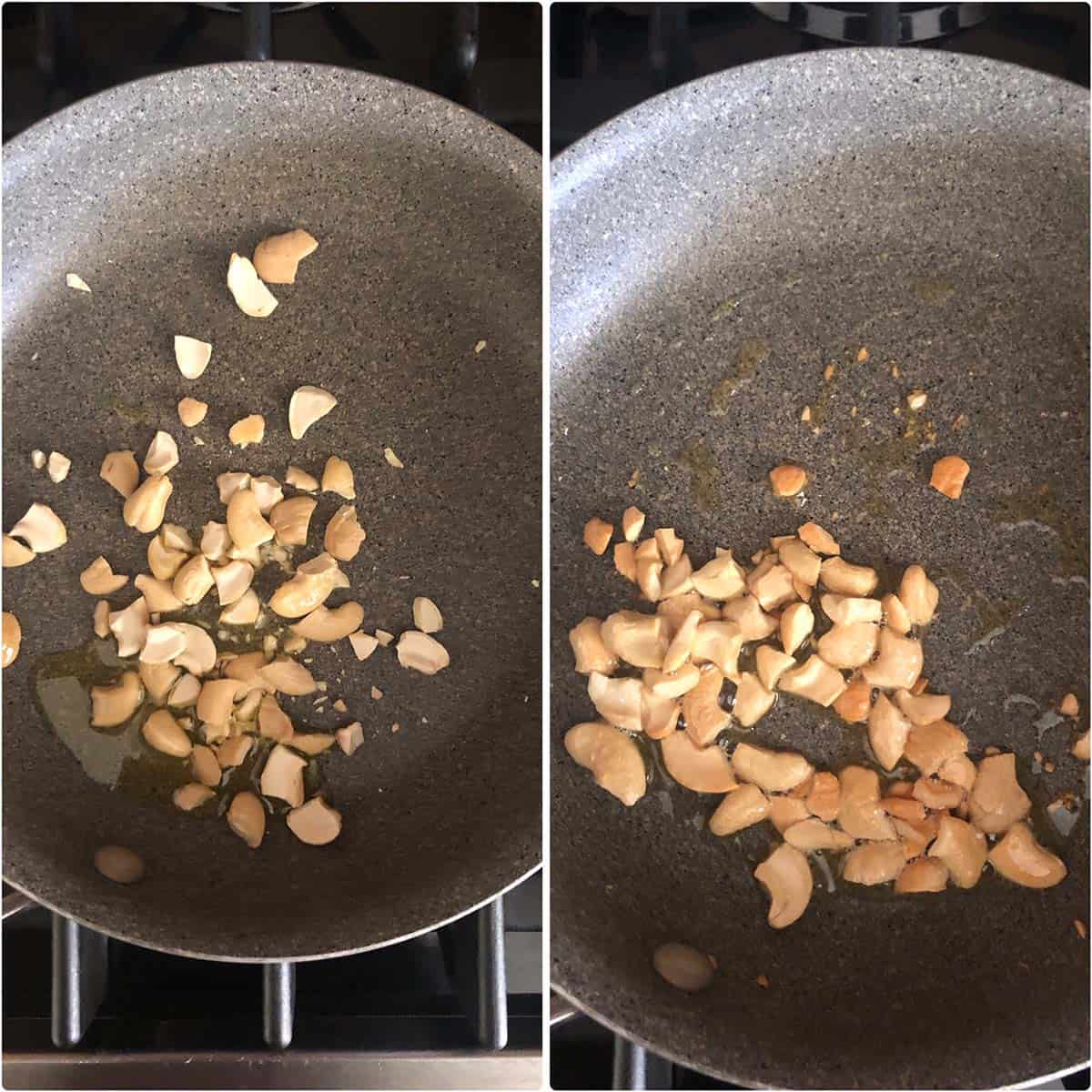 2 panel photo showing sautéing cashews in a pan.