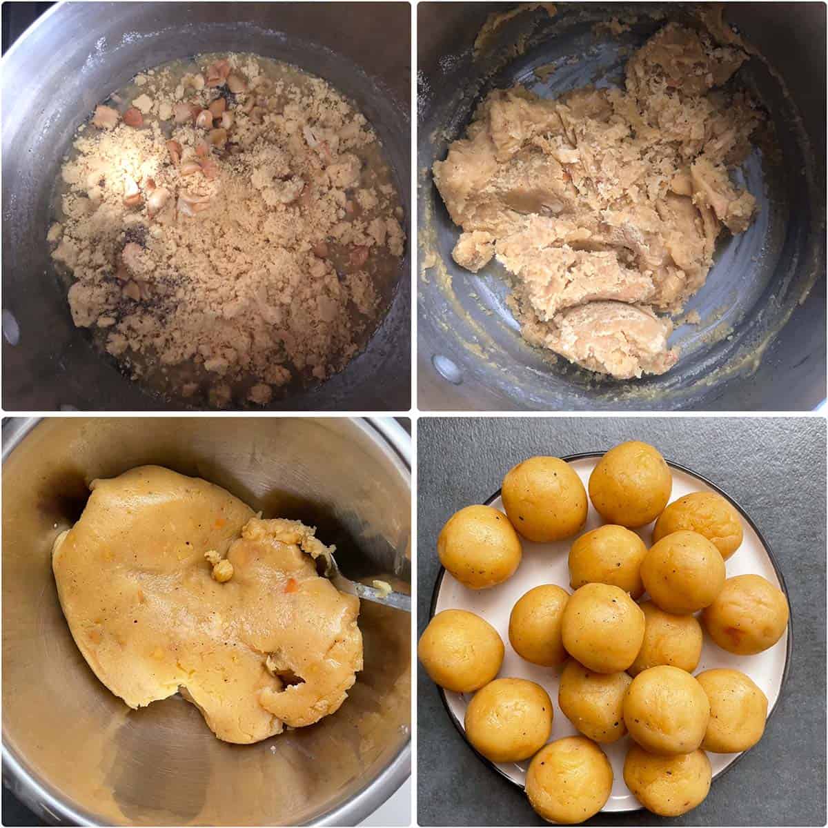 4 panel photo showing the making of Bandaru laddu.