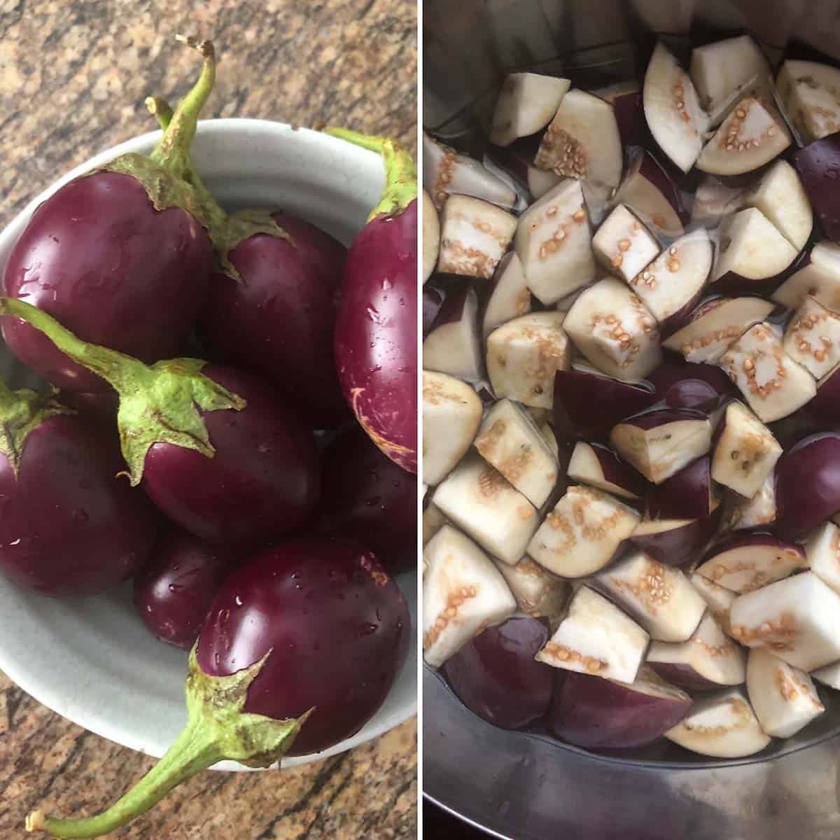 Side by side photos of whole and chopped baby eggplant