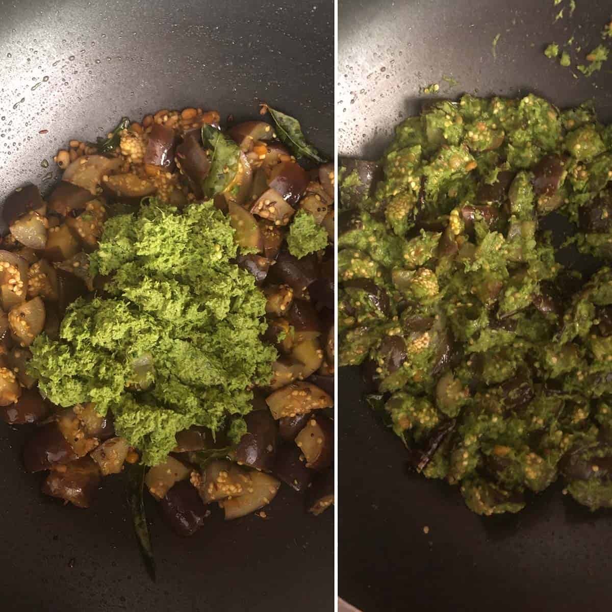 Adding cilantro spice paste to eggplant