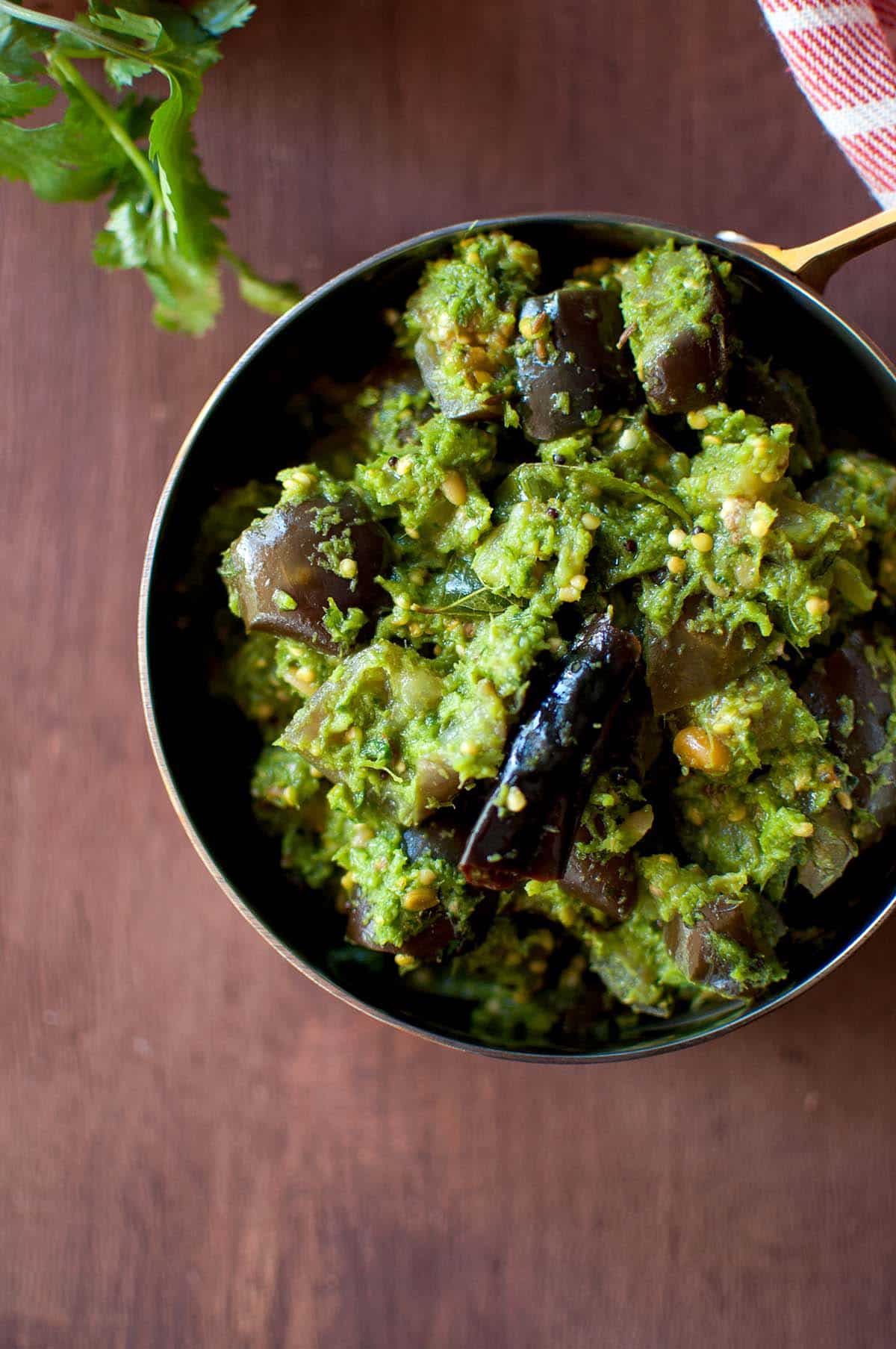 Top view of copper pan with Andhra Brinjal curry