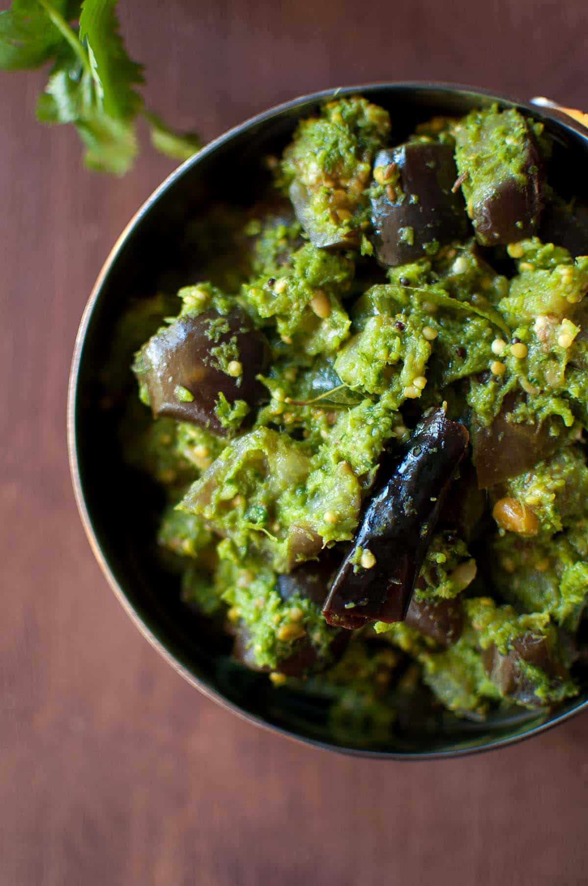 Top view of bowl with eggplant cilantro curry